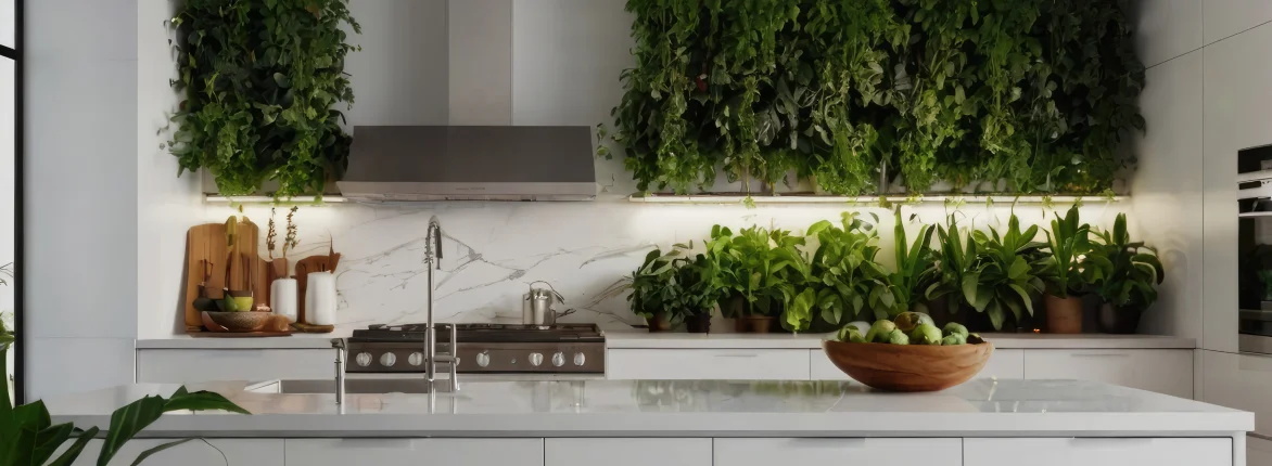 Cocina sostenible 2025 con diseño abierto, tonos tierra, materiales naturales y mobiliario ecológico